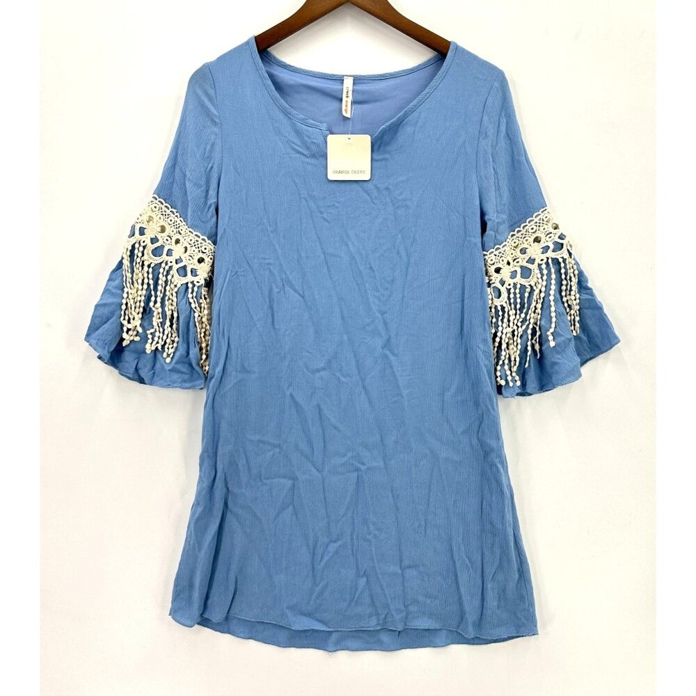 Orange Creek Tunic Dress Womens Pullover 3/4 Sleeve Crochet Fringe Lined Blue S